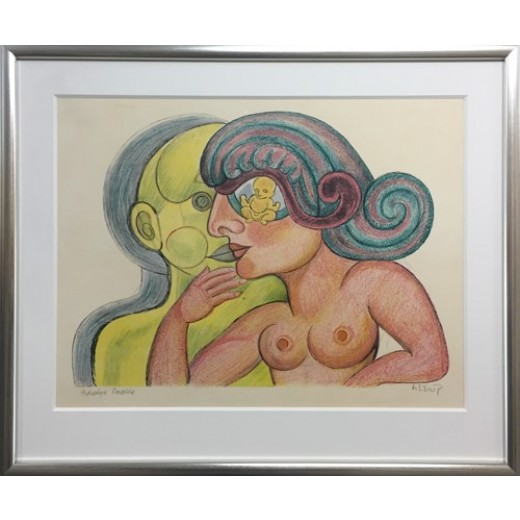 Heerup Litografi - 'Forældre' (Prøvetryk + signeret) - Med passe partout og Clarity ' usynligt' glas. Motiv 39x53 cm - Udvendigt mål 61x73 cm. Prøvetryk + signeret Heerup Litografi.