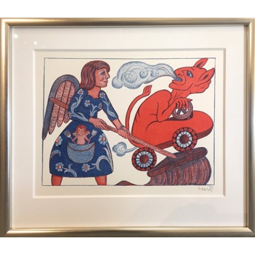Heerup Litografi - 'Forurenings Djævelen'' (Signeret) - Med passe partout og Clarity ' usynligt' glas. Motiv 31x40 cm - Udvendigt mål 52x60 cm. Signeret Heerup Litografi.