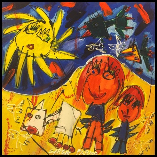 Søren Parmo 80x80 cm. Maleriet er monteret i sølv/sort svæveramme. 