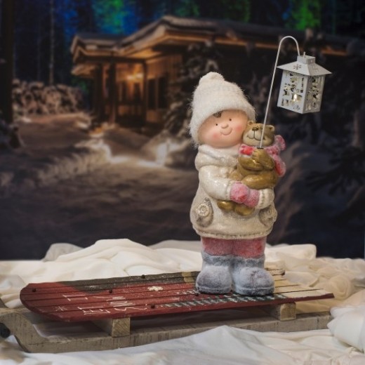 Julefigurer - Dreng med bjørn og LED lanterne