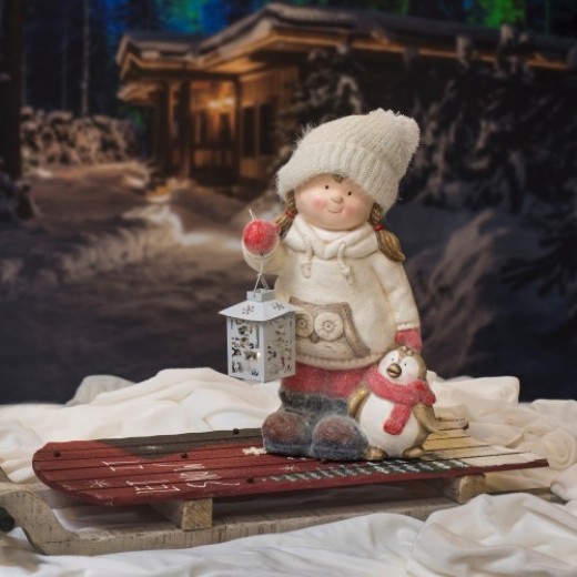 Julefigurer - Pige med pingvin og LED lanterne